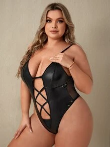 Plus PU Cut-out Teddy Bodysuit - Black - View 3
