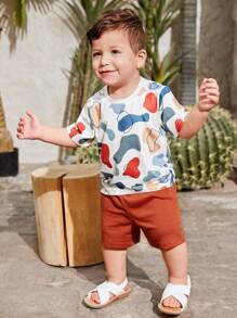 SHEIN Leap Crew Baby Boy Cartoon Graphic Tee & Track Shorts - Multicolor - View 3