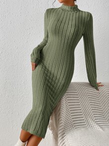 SHEIN Frenchy High Neck Lantern Sleeve Bodycon Dress Without Belt Winter Green Elegant Christmas - Army Green - View 5