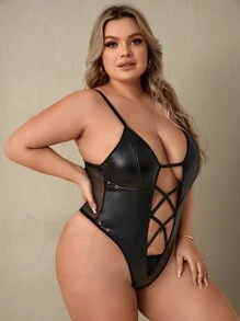 Plus PU Cut-out Teddy Bodysuit - Black - View 4
