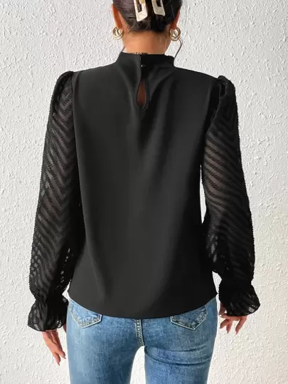 SHEIN Frenchy Frilled Neck Flounce Sleeve Blouse,Long Sleeve Tops Winter Elegant Black Black Spring