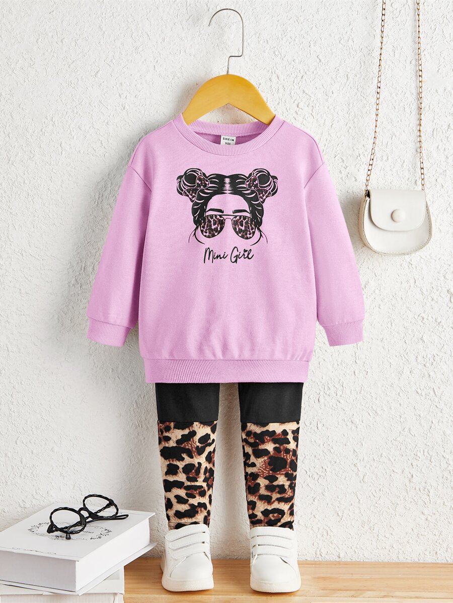 SHEIN Baby Leopard And Figure Graphic Pullover & Leopard Leggings - Lilac Purple - View 1
