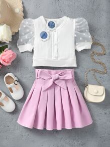 Toddler Girls Contrast Dobby Mesh Puff Sleeve Tee & Pleated Belted Skirt - Multicolor - View 1