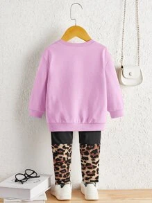 SHEIN Baby Leopard And Figure Graphic Pullover & Leopard Leggings - Lilac Purple - View 2