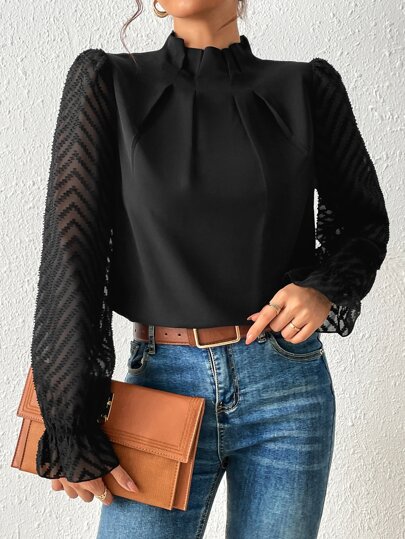 SHEIN Frenchy Frilled Neck Flounce Sleeve Blouse,Long Sleeve Tops Winter Elegant Black Black Spring