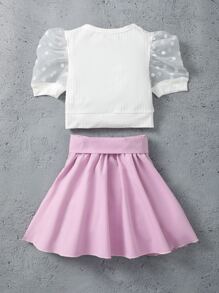 Toddler Girls Contrast Dobby Mesh Puff Sleeve Tee & Pleated Belted Skirt - Multicolor - View 2