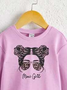 SHEIN Baby Leopard And Figure Graphic Pullover & Leopard Leggings - Lilac Purple - View 3