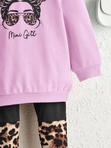SHEIN Baby Leopard And Figure Graphic Pullover & Leopard Leggings - Lilac Purple - View 4