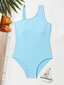 SHEIN Teen Girls Asymmetrical Neck One Piece Swimsuit - Baby Blue - View 1