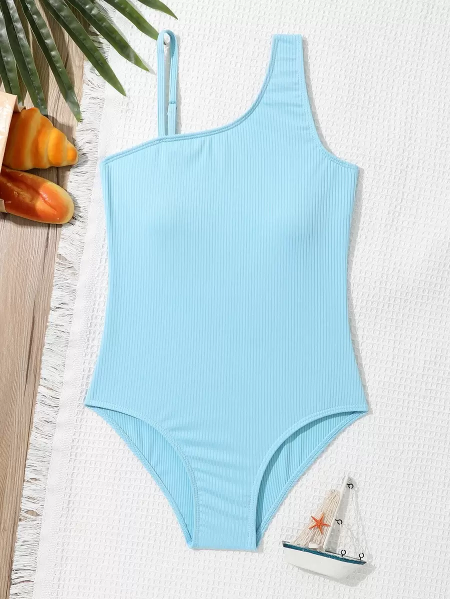 SHEIN Teen Girls Asymmetrical Neck One Piece Swimsuit - Baby Blue - View 1