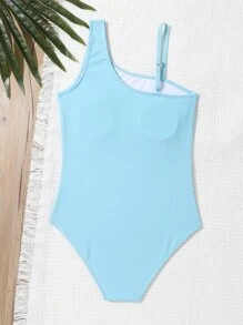 SHEIN Teen Girls Asymmetrical Neck One Piece Swimsuit - Baby Blue - View 2
