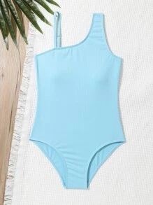 SHEIN Teen Girls Asymmetrical Neck One Piece Swimsuit - Baby Blue - View 3