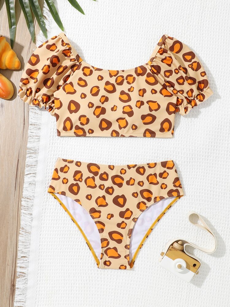 SHEIN Conjunto de bikini con mangas abullonadas con estampado de leopardo para chicas adolescentes, playa de verano - Albaricoque - Ver 1