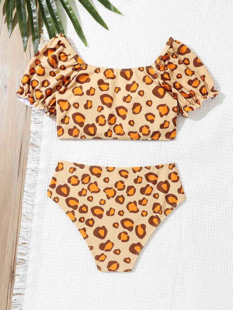 SHEIN Conjunto de bikini con mangas abullonadas con estampado de leopardo para chicas adolescentes, playa de verano - Albaricoque - Ver 2