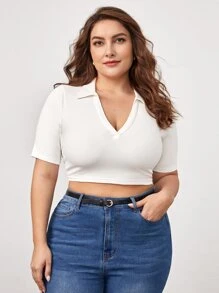 SHEIN BASICS Plus V-Collar Solid Crop Tee - White - View 1