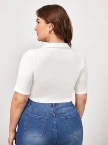 SHEIN BASICS Plus V-Collar Solid Crop Tee - White - View 2