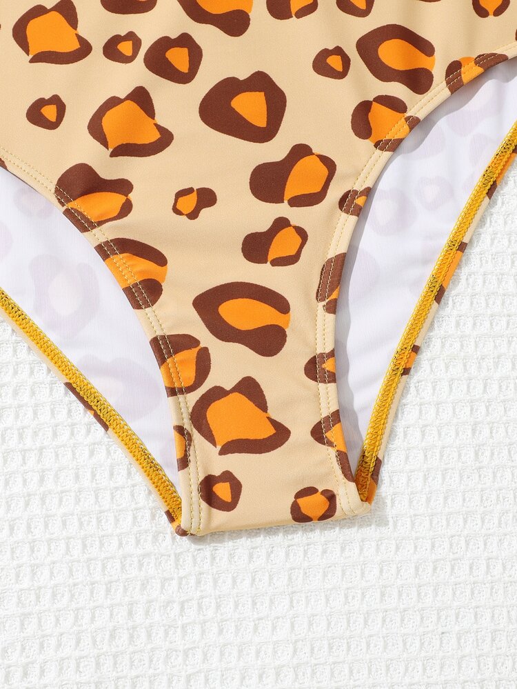 SHEIN Conjunto de bikini con mangas abullonadas con estampado de leopardo para chicas adolescentes, playa de verano - Albaricoque - Ver 5