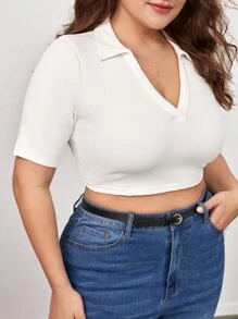 SHEIN BASICS Plus V-Collar Solid Crop Tee - White - View 3