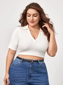 SHEIN BASICS Plus V-Collar Solid Crop Tee - White - View 5