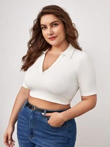 SHEIN BASICS Plus V-Collar Solid Crop Tee - White - View 6