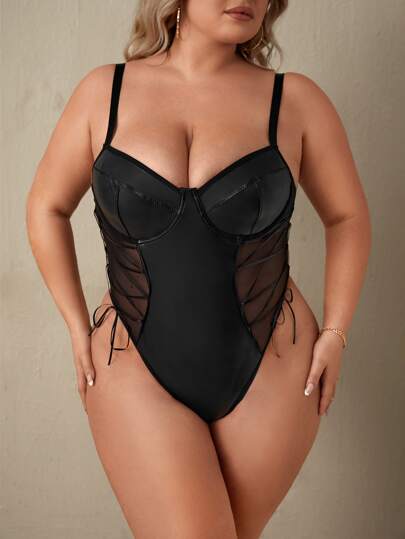 Body teddy de malla en contraste con cordón con aro sin bragas