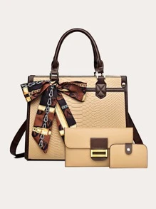 3pcs Snakeskin Embossed Skinny Scarf Decor Satchel Bag Set - Khaki - View 1