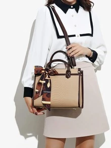 3pcs Snakeskin Embossed Skinny Scarf Decor Satchel Bag Set - Khaki - View 5