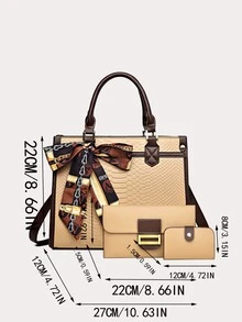 3pcs Snakeskin Embossed Skinny Scarf Decor Satchel Bag Set - Khaki - View 6