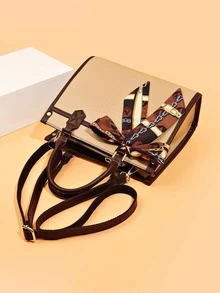 3pcs Snakeskin Embossed Skinny Scarf Decor Satchel Bag Set - Khaki - View 7