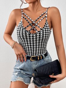 SHEIN Privé 千鳥格印花十字交叉吊帶上衣 - 黑與白 - 查看 1