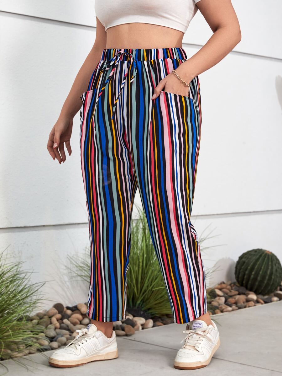 SHEIN LUNE Plus Striped Print Drawstring Waist Pants