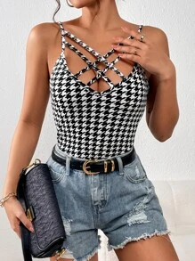 SHEIN Privé 千鳥格印花十字交叉吊帶上衣 - 黑與白 - 查看 5