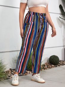 SHEIN LUNE Plus Striped Print Drawstring Waist Pants