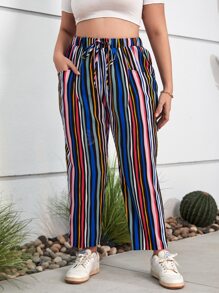 SHEIN LUNE Plus Striped Print Drawstring Waist Pants