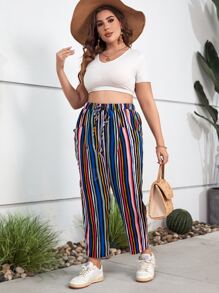 SHEIN LUNE Plus Striped Print Drawstring Waist Pants