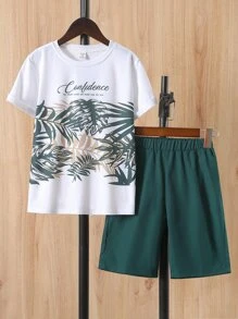 Boys Letter & Tropical Print Tee & Shorts - Multicolor - View 1
