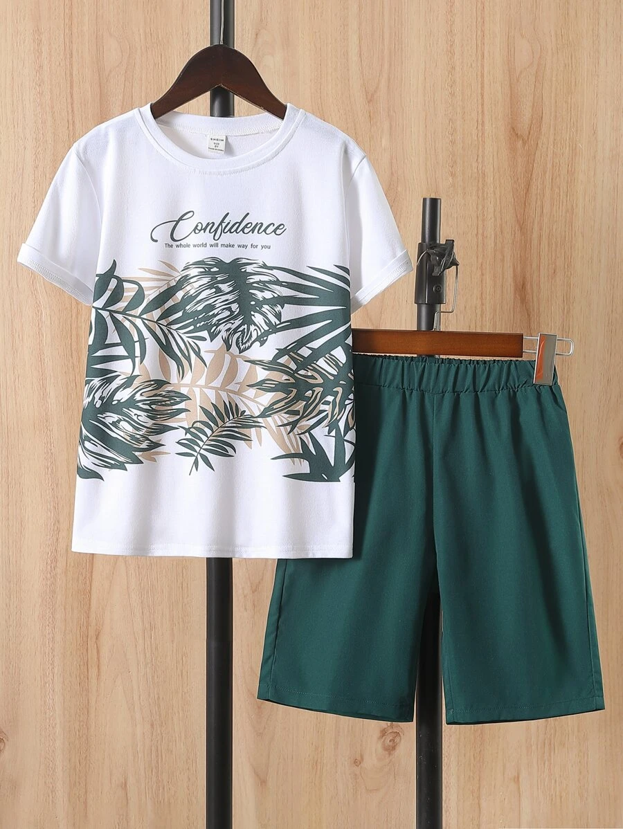 Boys Letter & Tropical Print Tee & Shorts - Multicolor - View 1
