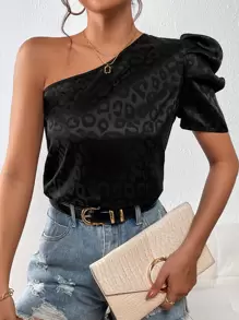SHEIN Privé Leopard Jacquard One Shoulder Puff Sleeve Blouse - Black - View 1