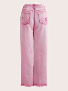 ROMWE Kawaii Jeans de pierna recta desgarro bajo crudo - Rosa - Ver 2