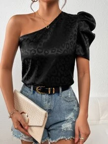 SHEIN Privé Leopard Jacquard One Shoulder Puff Sleeve Blouse - Black - View 3