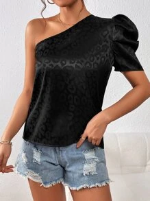 SHEIN Privé Leopard Jacquard One Shoulder Puff Sleeve Blouse - Black - View 4