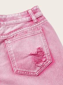 ROMWE Kawaii Jeans de pierna recta desgarro bajo crudo - Rosa - Ver 4
