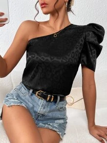 SHEIN Privé Leopard Jacquard One Shoulder Puff Sleeve Blouse - Black - View 5