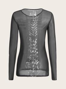 Skeleton Print Mesh Top - Black - View 2
