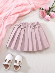 Baby Solid Bow Front Pleated Skirt - Pink - View 1