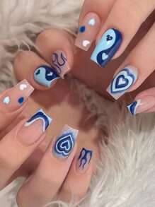 Trở nên quyến rũ hơn với 24 chiếc Móng tay giả hình vuông ngắn màu xanh lam kiểu Pháp Ngọn lửa hình trái tim âm dương & 1 Dũa móng tay & 1 tờ băng ép trên móng tay Đồ dùng làm móng - Nhiều màu - Xem 1