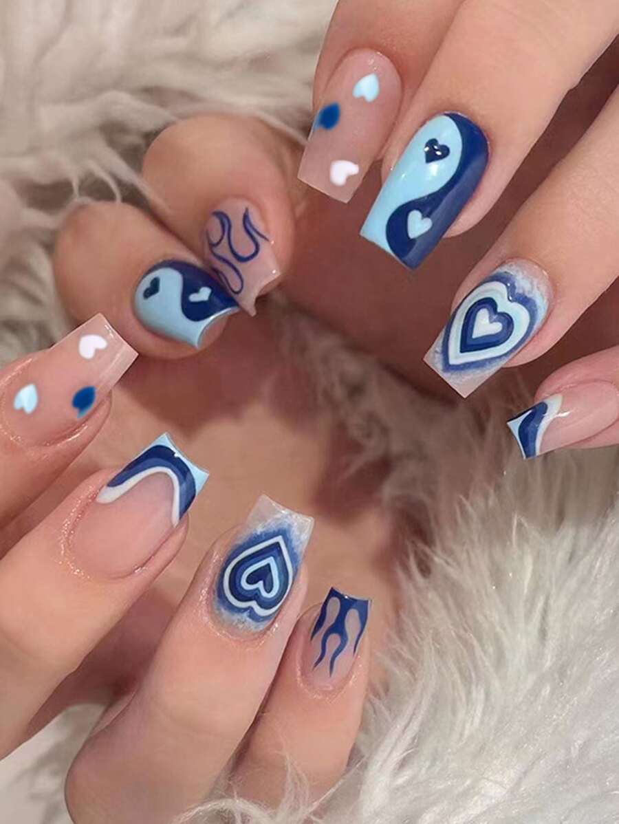 Trở nên quyến rũ hơn với 24 chiếc Móng tay giả hình vuông ngắn màu xanh lam kiểu Pháp Ngọn lửa hình trái tim âm dương & 1 Dũa móng tay & 1 tờ băng ép trên móng tay Đồ dùng làm móng - Nhiều màu - Xem 1