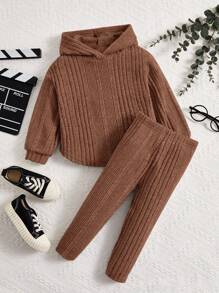 Baby Girl Ribbed Knit Hooded Sweatshirt & Leggings - Coffee Brown - View 1