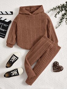 Baby Girl Ribbed Knit Hooded Sweatshirt & Leggings - Coffee Brown - View 4