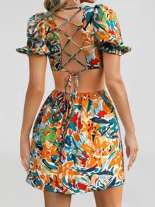 SHEIN VCAY Đầm Lộ Lưng Cắt ra Ren lên Buộc lại Hoa Boho - Nhiều màu - Xem 1